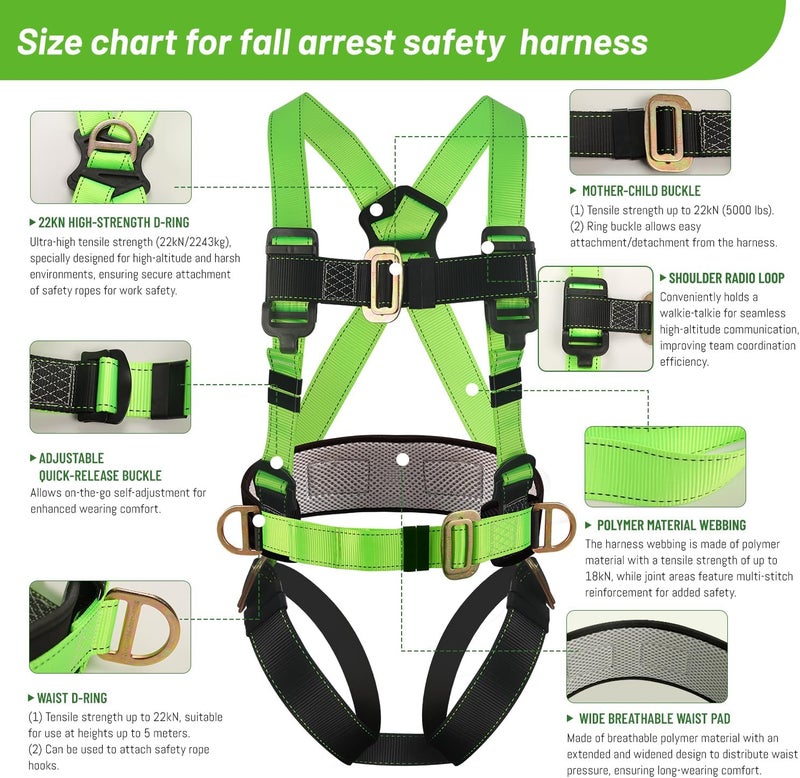 QFU Safety harness fall protection kit, equipped with shock-absorbing ropes, full-body safety harness for roof work - Image 2